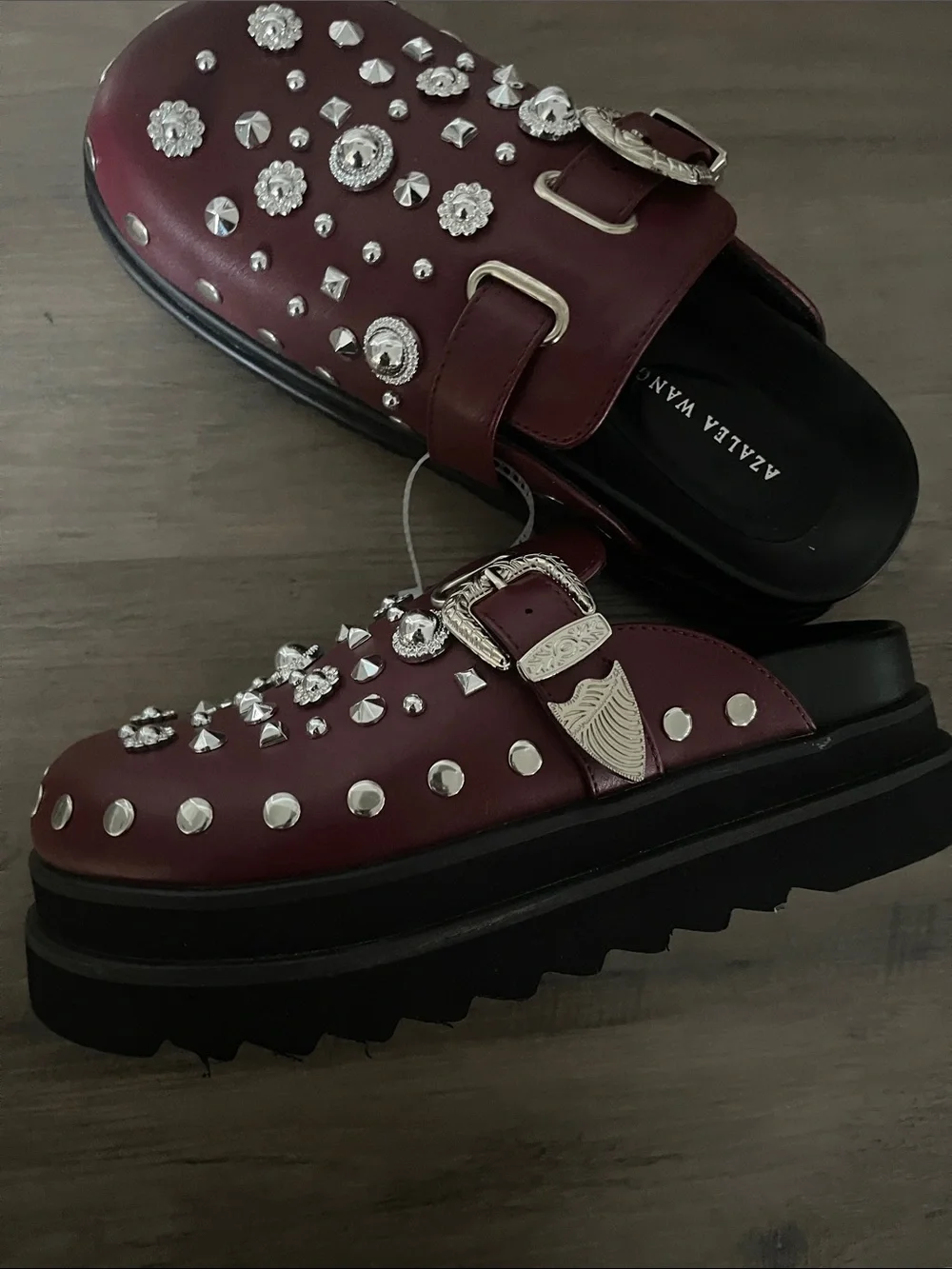 Embellished Burgundy Slip-On Clogs with Buckle Detail - Picture 2 of 3